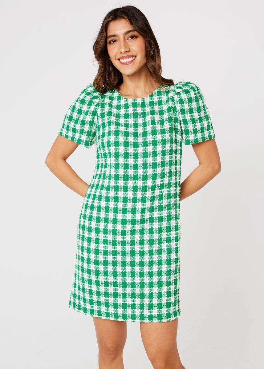 Marty Dress - Augusta Green Check Tweed  Pink of the Pines