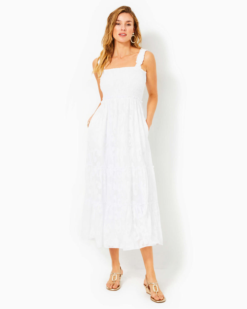 Hadly Smocked Maxi Dress - Resort White - Poly Crepe Swirl Clip