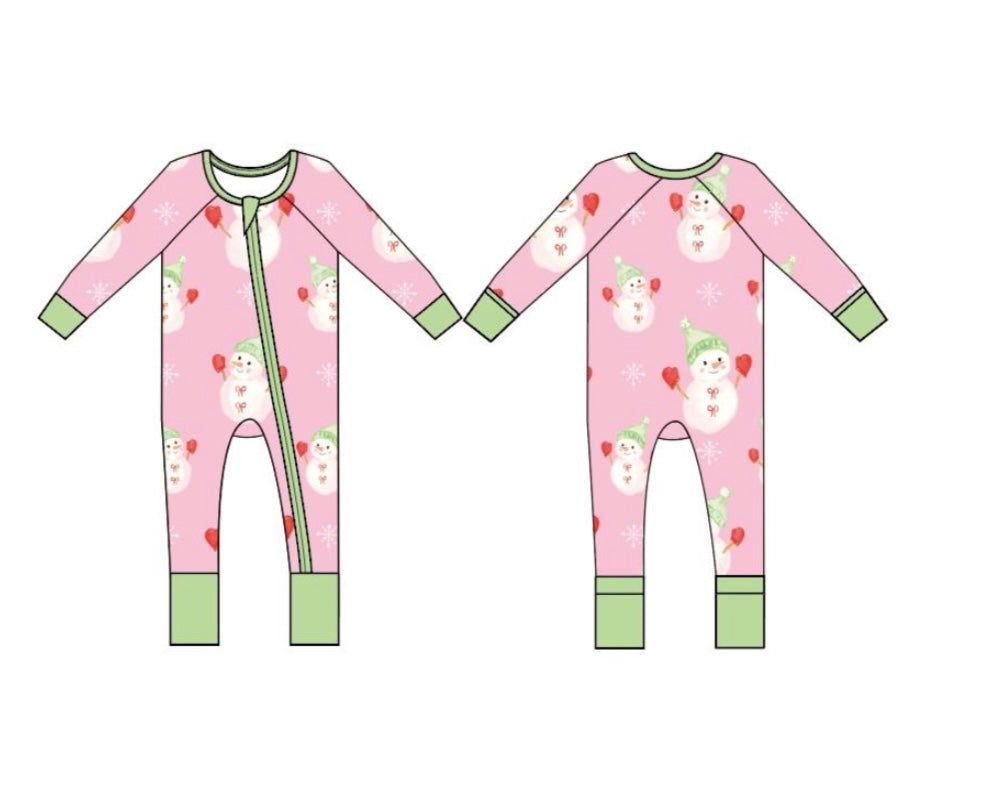 Snowman Zipper Onesie - Pink