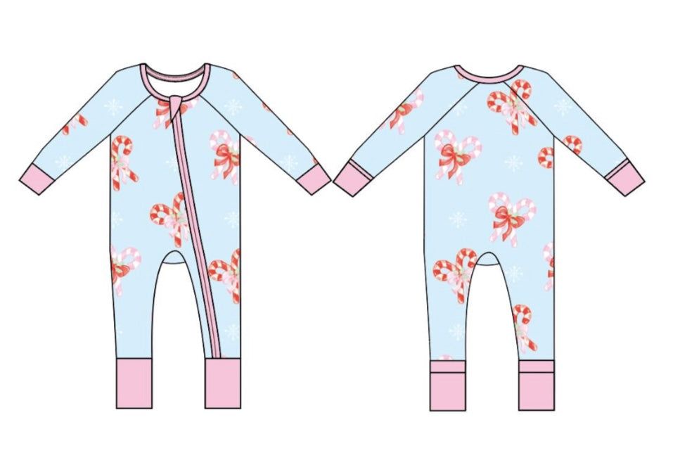Candy Cane Bows Zipper Onesie - Blue/Pink
