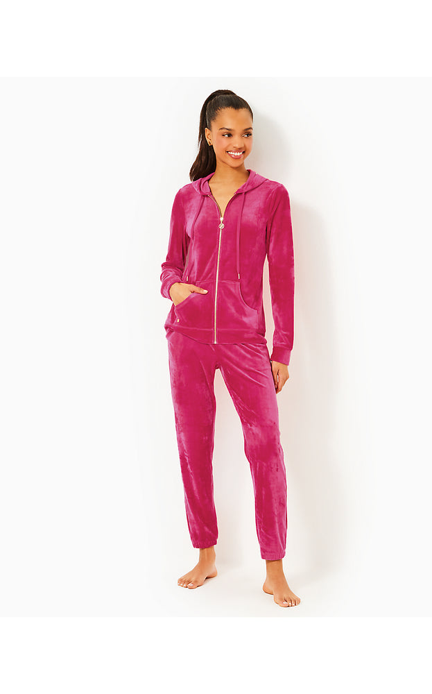 Larina Velour Zip-Up Hoodie - Raspberry Rouge