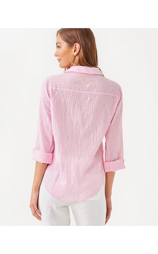 Sea View Button Down Top - Conch Shell Pink - LTWT Oxford Stripe