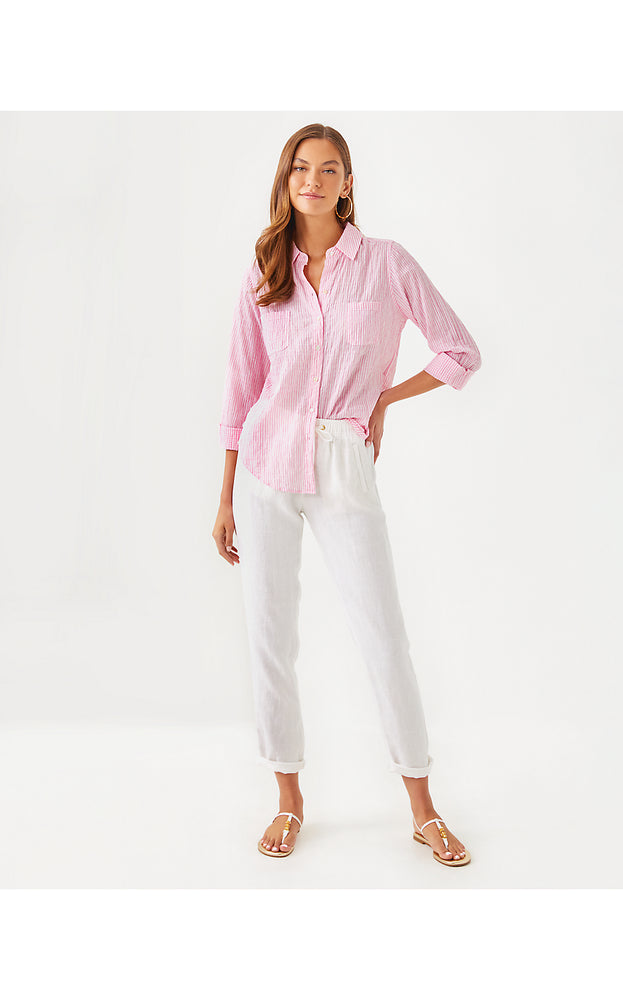 Sea View Button Down Top - Conch Shell Pink - LTWT Oxford Stripe