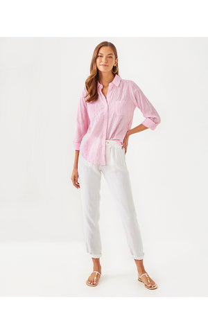 Sea View Button Down Top - Conch Shell Pink - LTWT Oxford Stripe