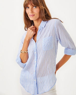 Sea View Linen Button Down Top - Jacaranda Blue - LTWT Oxford Stripe