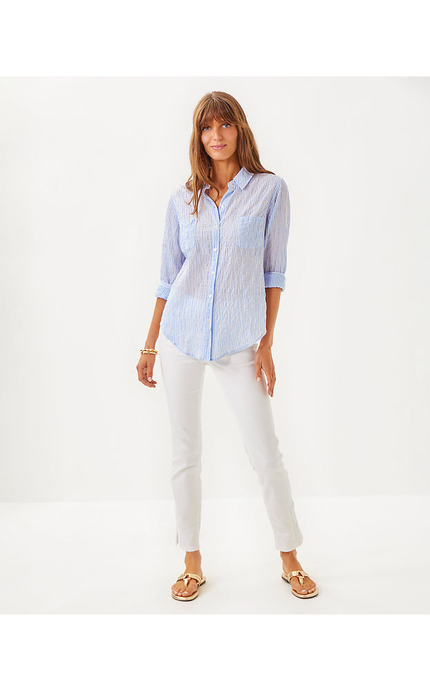 Sea View Linen Button Down Top - Jacaranda Blue - LTWT Oxford Stripe