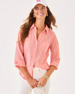 Sea View Button Down Top - Papaya x Conch Shell Pink LTWT Oxford Shirting Stripe