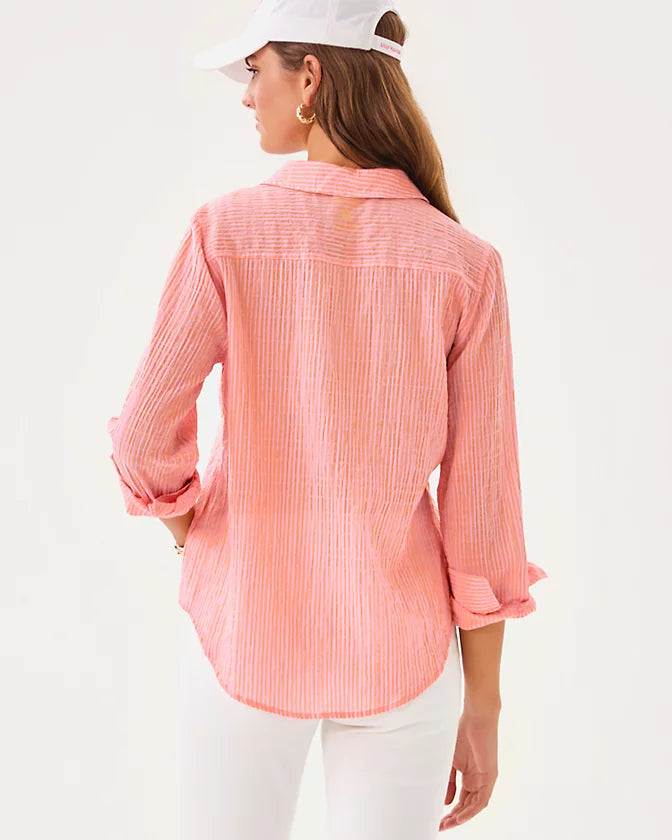 Sea View Button Down Top - Papaya x Conch Shell Pink LTWT Oxford Shirting Stripe