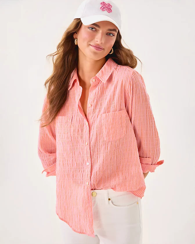 Sea View Button Down Top - Papaya x Conch Shell Pink LTWT Oxford Shirting Stripe