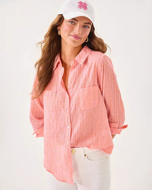 Sea View Button Down Top - Papaya x Conch Shell Pink LTWT Oxford Shirting Stripe