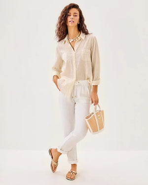 Sea View Button Down Top - Wicker Tan LTWT Oxford Stripe