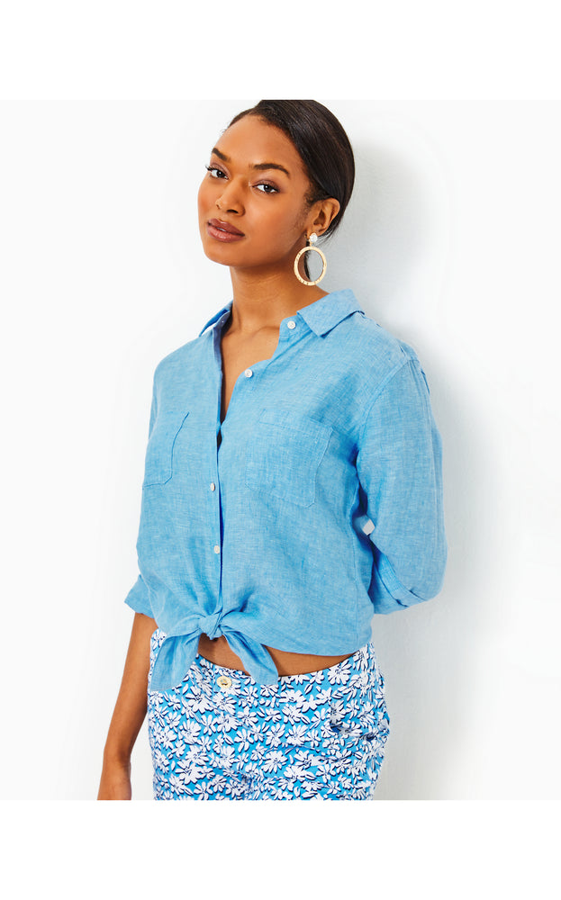 Sea View Linen Button Down Top - Beckon Blue X Sea Salt Blue