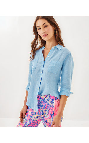 Sea View Linen Button Down Top - Blue Peri X Resort White