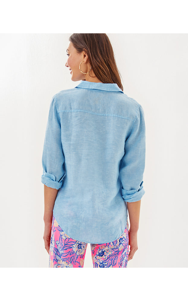 Sea View Linen Button Down Top - Blue Peri X Resort White