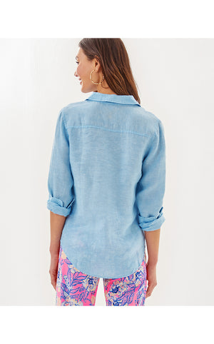 Sea View Linen Button Down Top - Blue Peri X Resort White