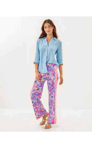 Sea View Linen Button Down Top - Blue Peri X Resort White