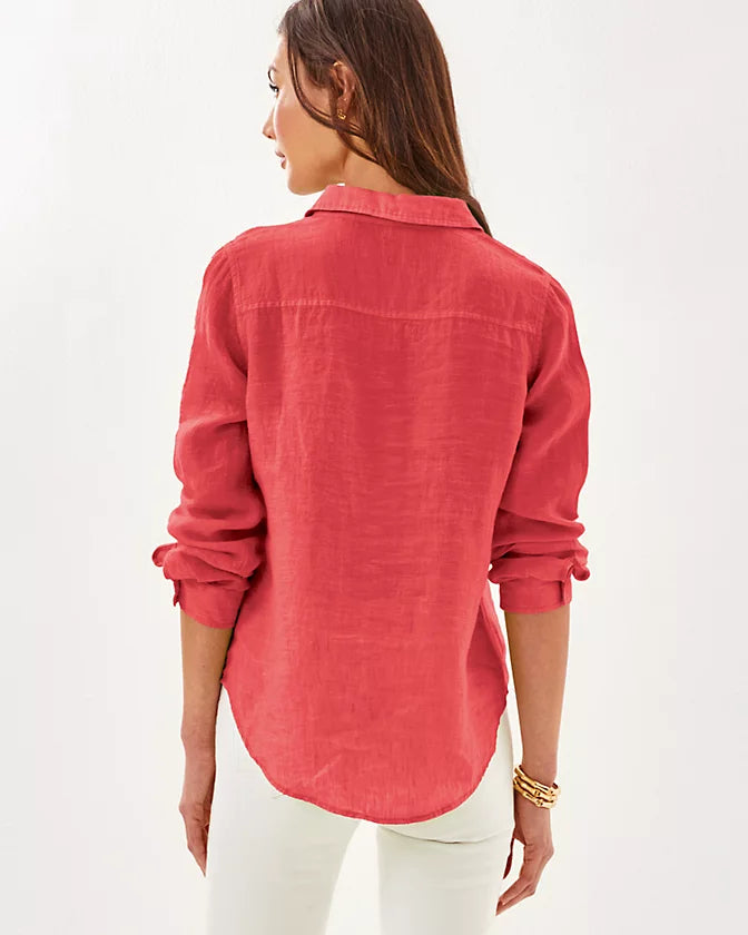 Sea View Linen Button Down Top - Cane Coral x Sorbet Pink