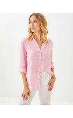 Sea View Linen Button Down Top - Conch Shell Pink X Resort White