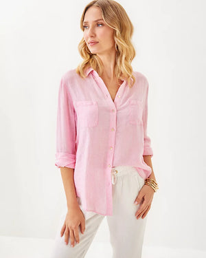 Sea View Linen Button Down Top - Conch Shell Pink X Resort White