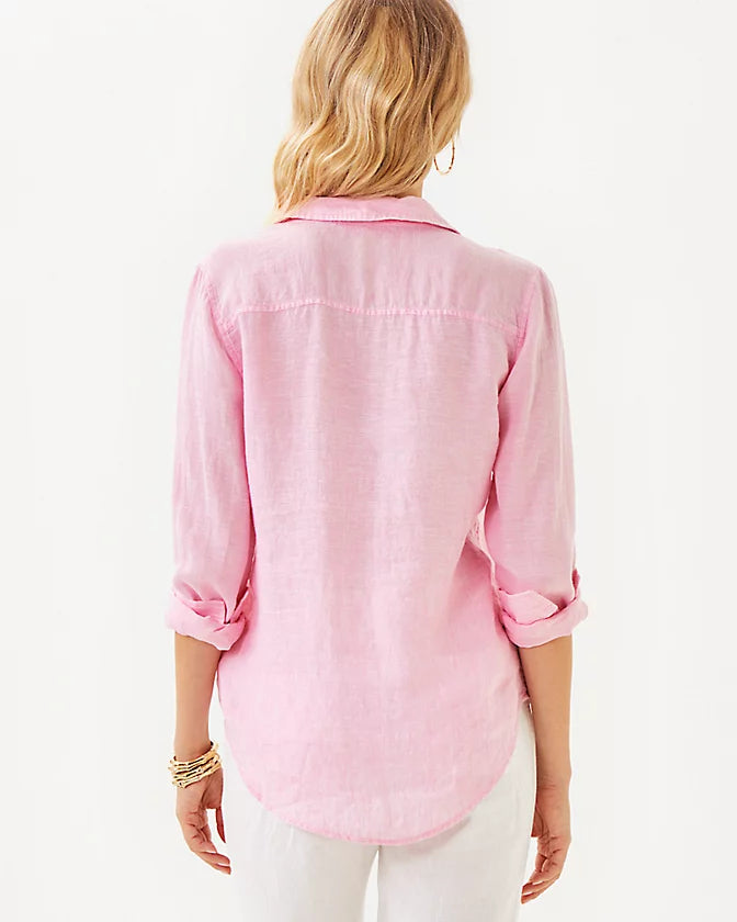 Sea View Linen Button Down Top - Conch Shell Pink X Resort White