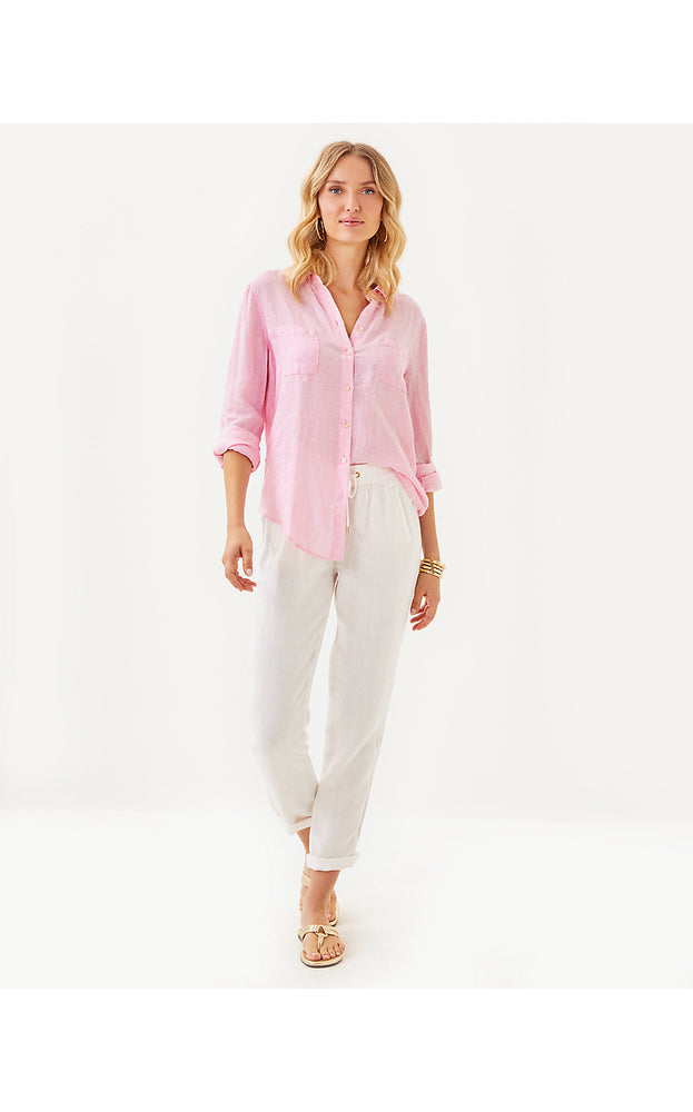 Sea View Linen Button Down Top - Conch Shell Pink X Resort White