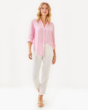 Sea View Linen Button Down Top - Conch Shell Pink X Resort White
