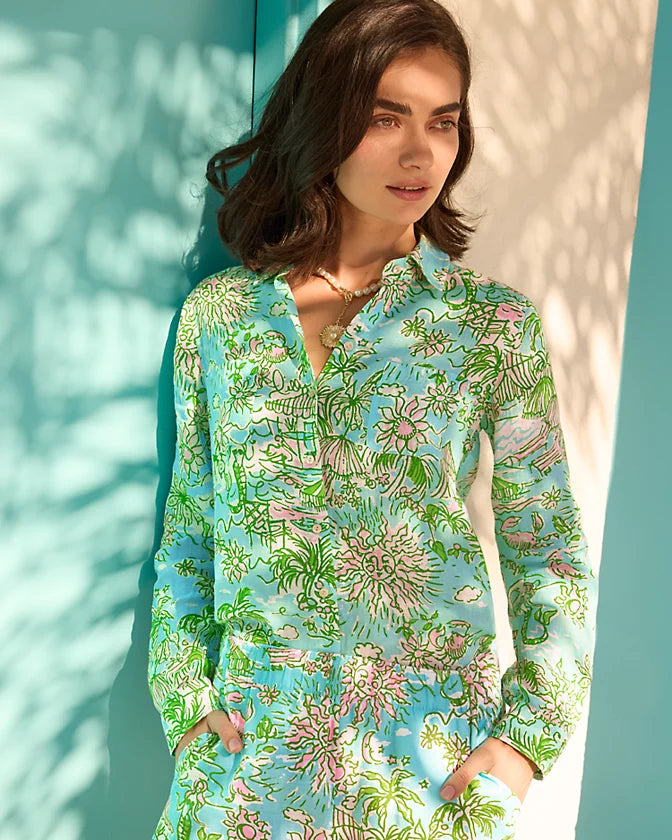 Sea View Linen Button Down Top - Fresh Water Blue Sunbathers Bliss
