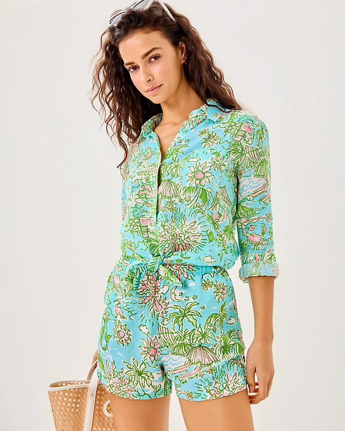 Sea View Linen Button Down Top - Fresh Water Blue Sunbathers Bliss