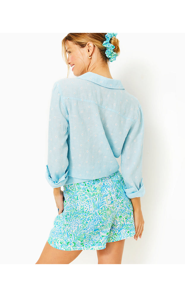 Sea View Linen Button Down Top - Hydra Blue - You Drive Me Daisy Embroidered Linen