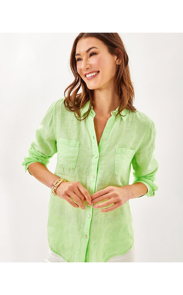 Sea View Linen Button Down Top - Jade Lime X Resort White