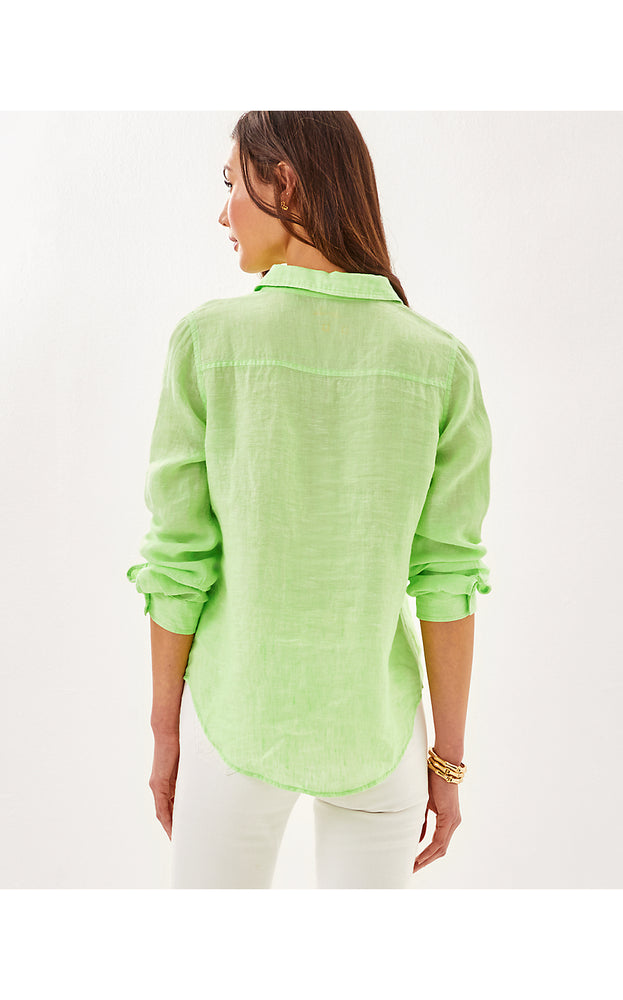 Sea View Linen Button Down Top - Jade Lime X Resort White