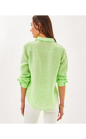 Sea View Linen Button Down Top - Jade Lime X Resort White