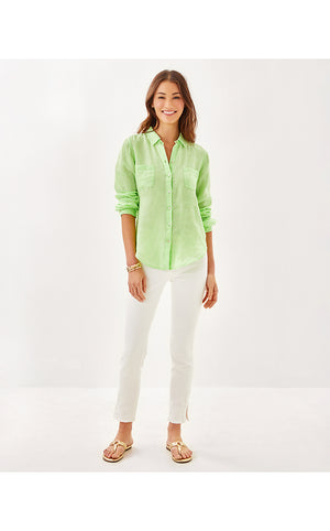 Sea View Linen Button Down Top - Jade Lime X Resort White