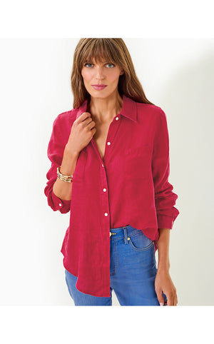 Sea View Linen Button Down Top - Malbec Red