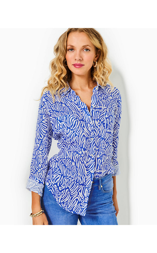 Sea View Linen Button Down Top - Martinique Blue Zee Bebe