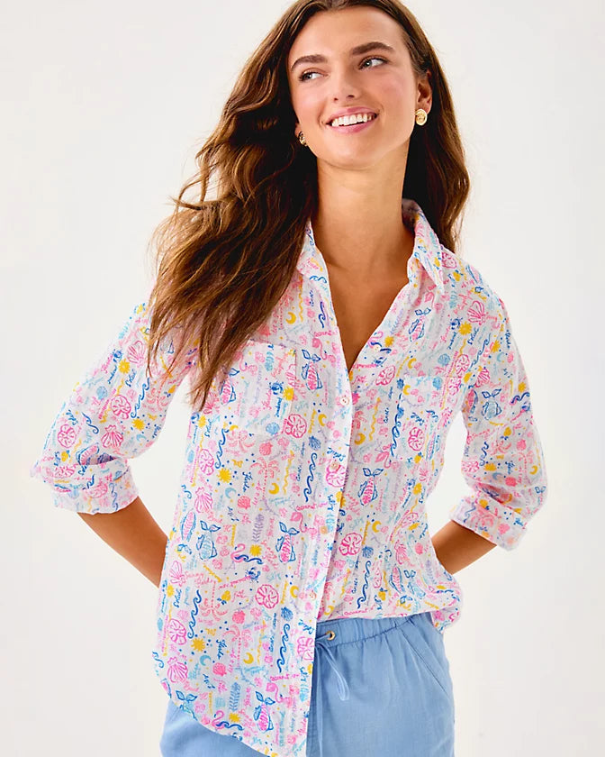 Sea View Linen Button Down Top - Multi Summer Serenade