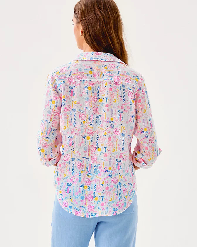 Sea View Linen Button Down Top - Multi Summer Serenade