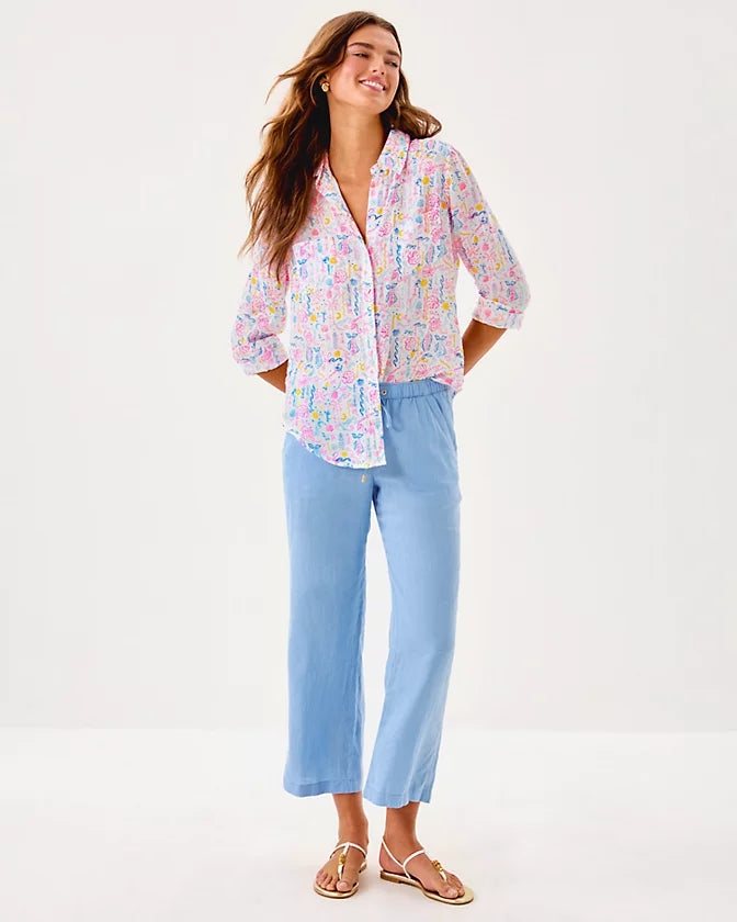 Sea View Linen Button Down Top - Multi Summer Serenade