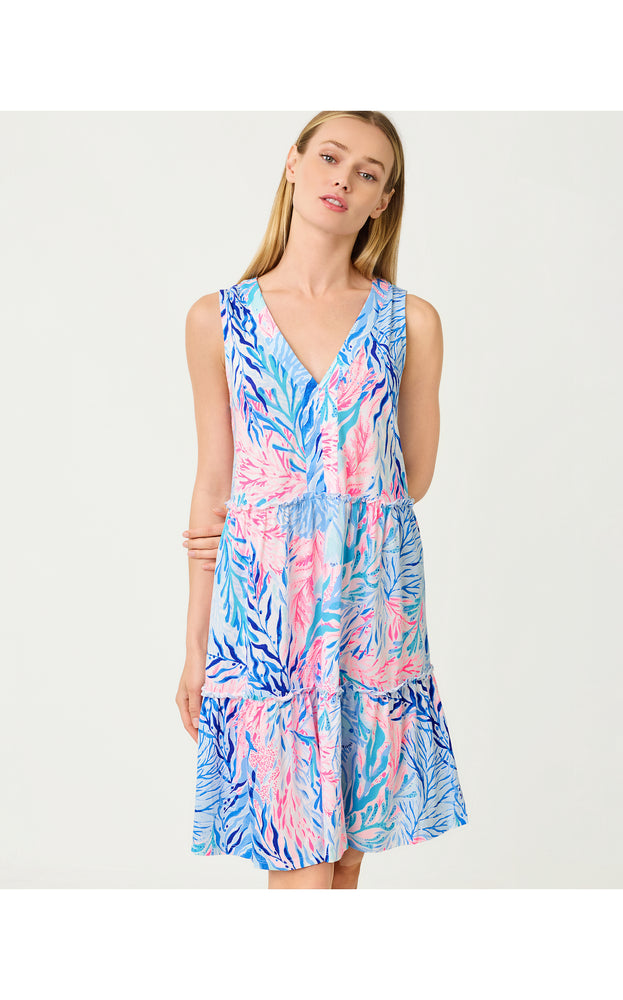 Lorina V-Neck Dress - Crew Blue Tint Kaleidoscope Coral
