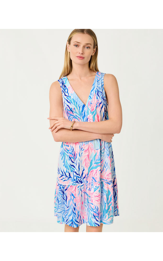 Lorina V-Neck Dress - Crew Blue Tint Kaleidoscope Coral