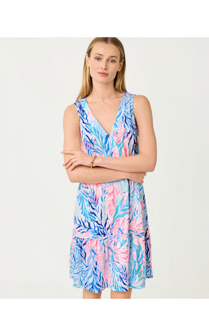 Lorina V-Neck Dress - Crew Blue Tint Kaleidoscope Coral