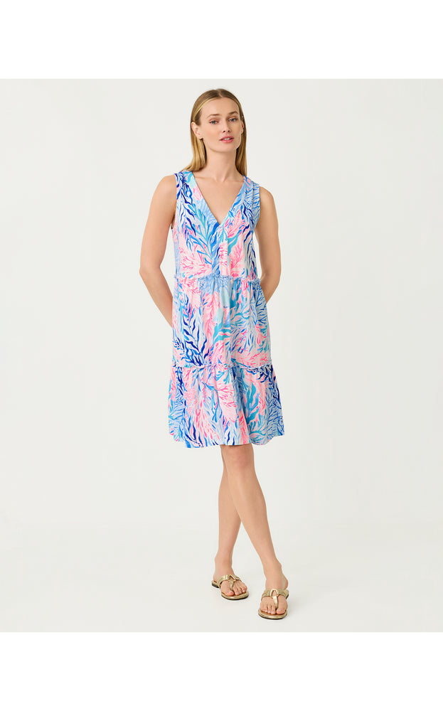 Lorina V-Neck Dress - Crew Blue Tint Kaleidoscope Coral
