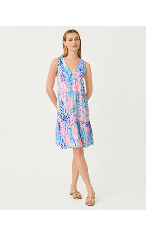 Lorina V-Neck Dress - Crew Blue Tint Kaleidoscope Coral