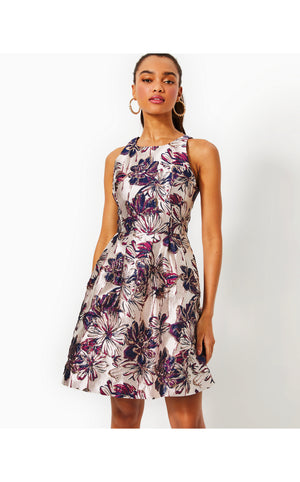 
            
                Load image into Gallery viewer, Jollian Floral Jacquard Dress - Low Tide Navy - X Amarena Cherry Fete Floral Brocade
            
        