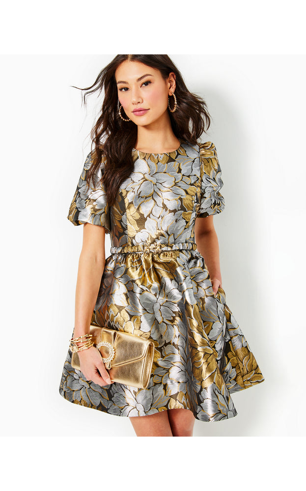
            
                Load image into Gallery viewer, Priyanka Short Sleeve Floral Jacquard Dress - Gold Metallic - Peony Parade Brocade
            
        