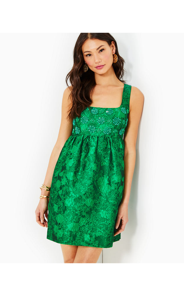 
            
                Load image into Gallery viewer, Bellami Embellished Floral Jacquard Dress - Kelly Green Leaf An Impression Jacquard
            
        