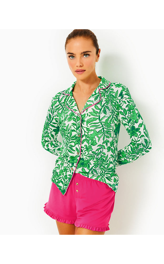 Pajama Knit Button-Up Top - Fiddle Leaf Green Lil Escape Plans