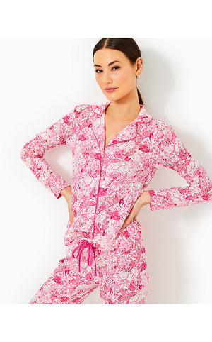 Pajama Knit Button-Up Top - Raspberry Rouge Animal Magnetism