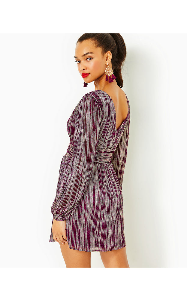 
            
                Load image into Gallery viewer, Riza Long Sleeve Romper - Mulberry - X Gold Metallic Rope Stripe Crinkle Knit
            
        
