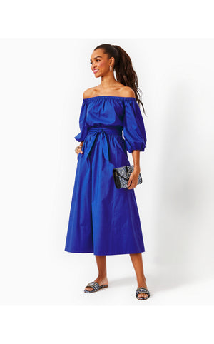 Shawnlee Elbow Sleeve Off The Shoulder Cotton Midi Dress - Alba Blue